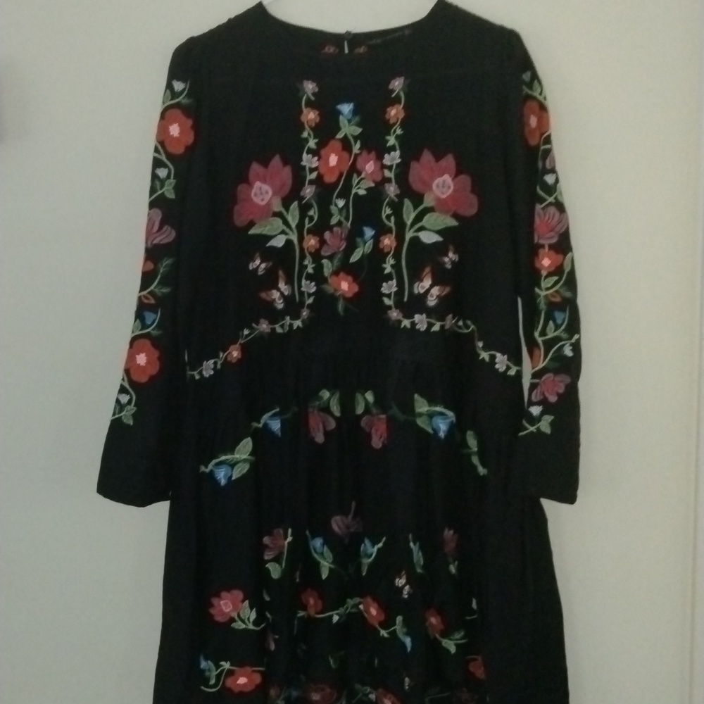 Women's ZARA Hi-Lo Embroidered Lg. Baby doll Sheer Flowy Overlay Dress, Top. EUC